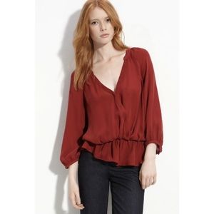 Joie Louvre 100% Silk Faux Wrap Wine Red Blouse 3/4 Sleeves Top Peplum Flowy